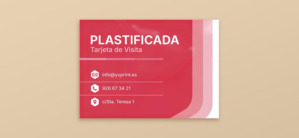 Tarjeta plastificada de alta calidad con acabado brillante y diseño rojo elegante impresa por Yuprint.