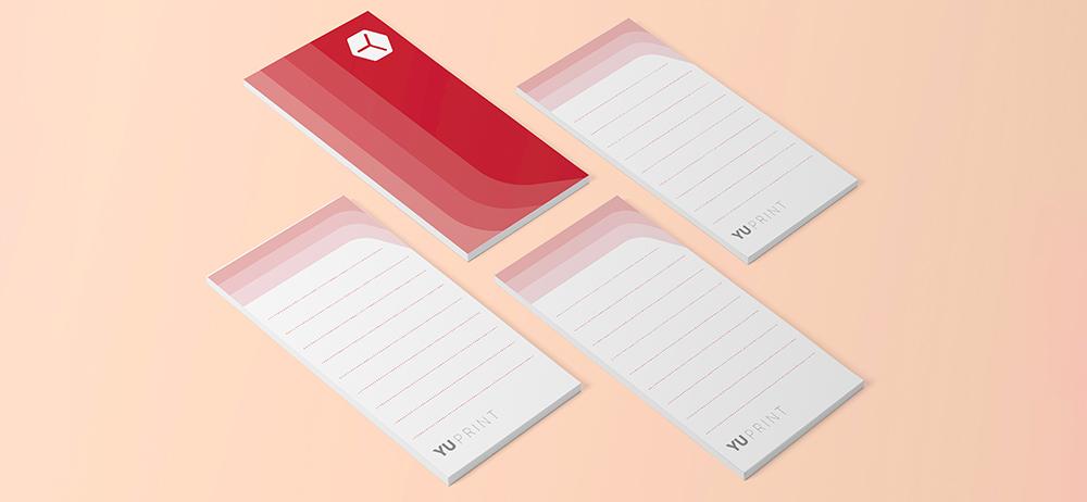 Hojas de bloc de notas Yuprint con diseño moderno en tonos rosa y rojo, perfectas para escribir y organizar.