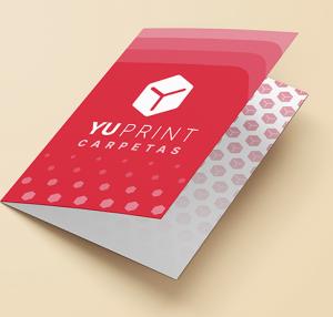 Carpeta personalizada Yuprint con acabado premium y diseño geométrico rojo, perfecta para documentos y branding.