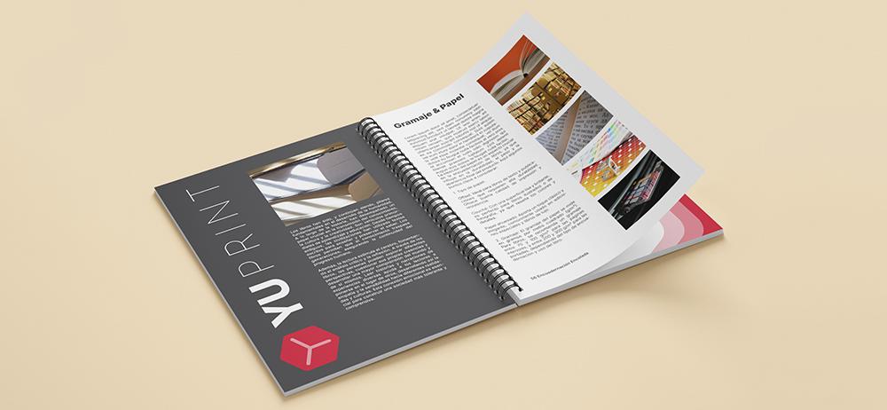 Cuaderno YUPrint abierto con encuadernación espiral e interior impreso en alta calidad para documentos corporativos.