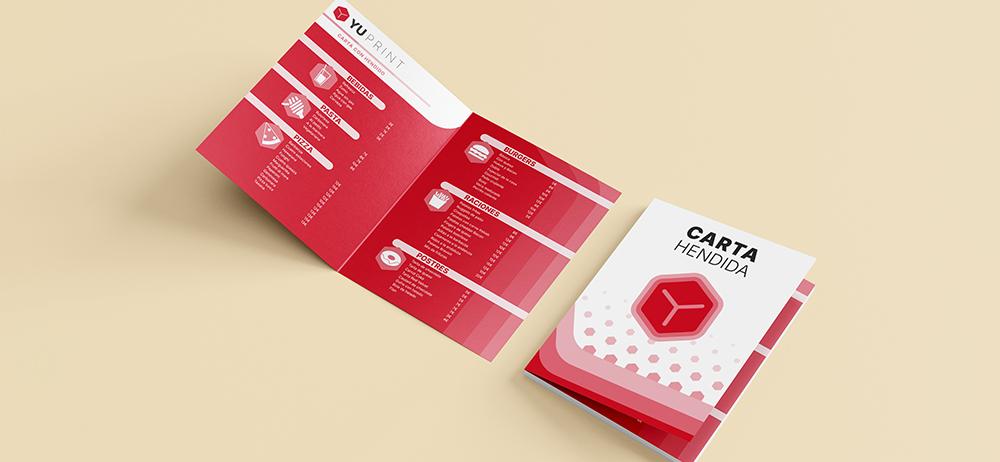 Carta con hendido YUPrint impresa a color para restaurantes, ideal para presentar menús de forma elegante.