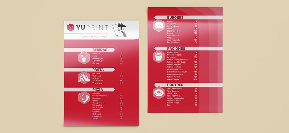 Menús irrompibles YuPrint en material resistente para hostelería, impresión de alta calidad.