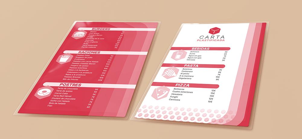 Cartas plastificadas YUPRINT con menús completos, impresión resistente ideal para hostelería.