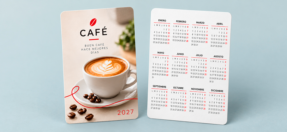 Calendario de bolsillo vertical personalizado para cafetería, con diseño a color y calendario anual al dorso.