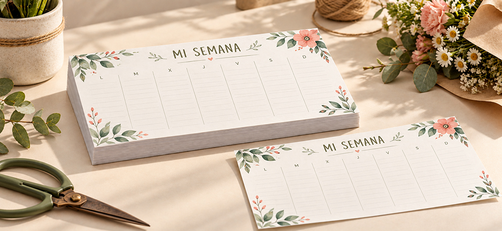 Planificador semanal de escritorio con diseño floral «Mi semana», presentado en bloc y hoja suelta