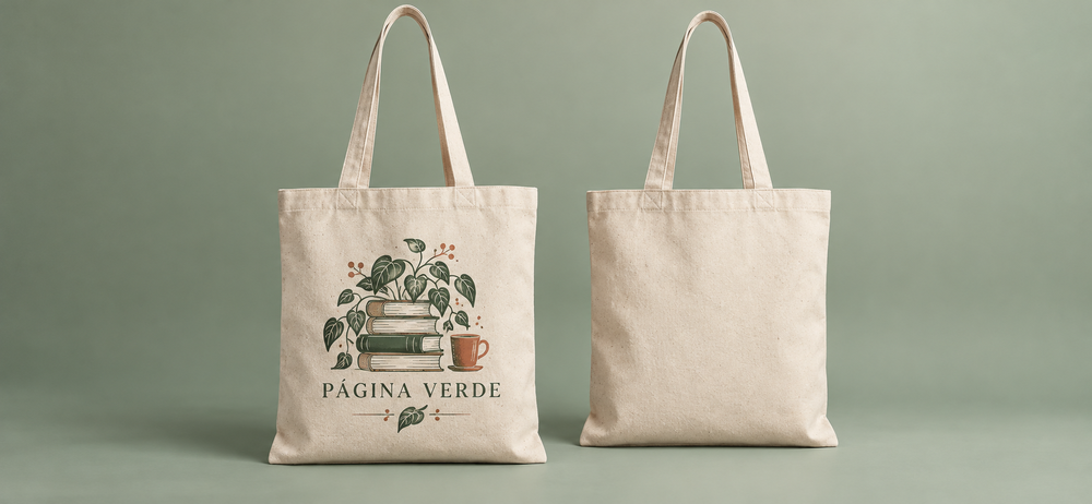 Tote bag de algodón con diseño de Página Verde, libros, plantas y una taza en tonos verdes y marrones