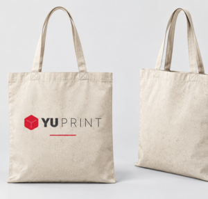 Tote bag de algodón en color natural con logo de Yuprint, presentada por delante y por detrás